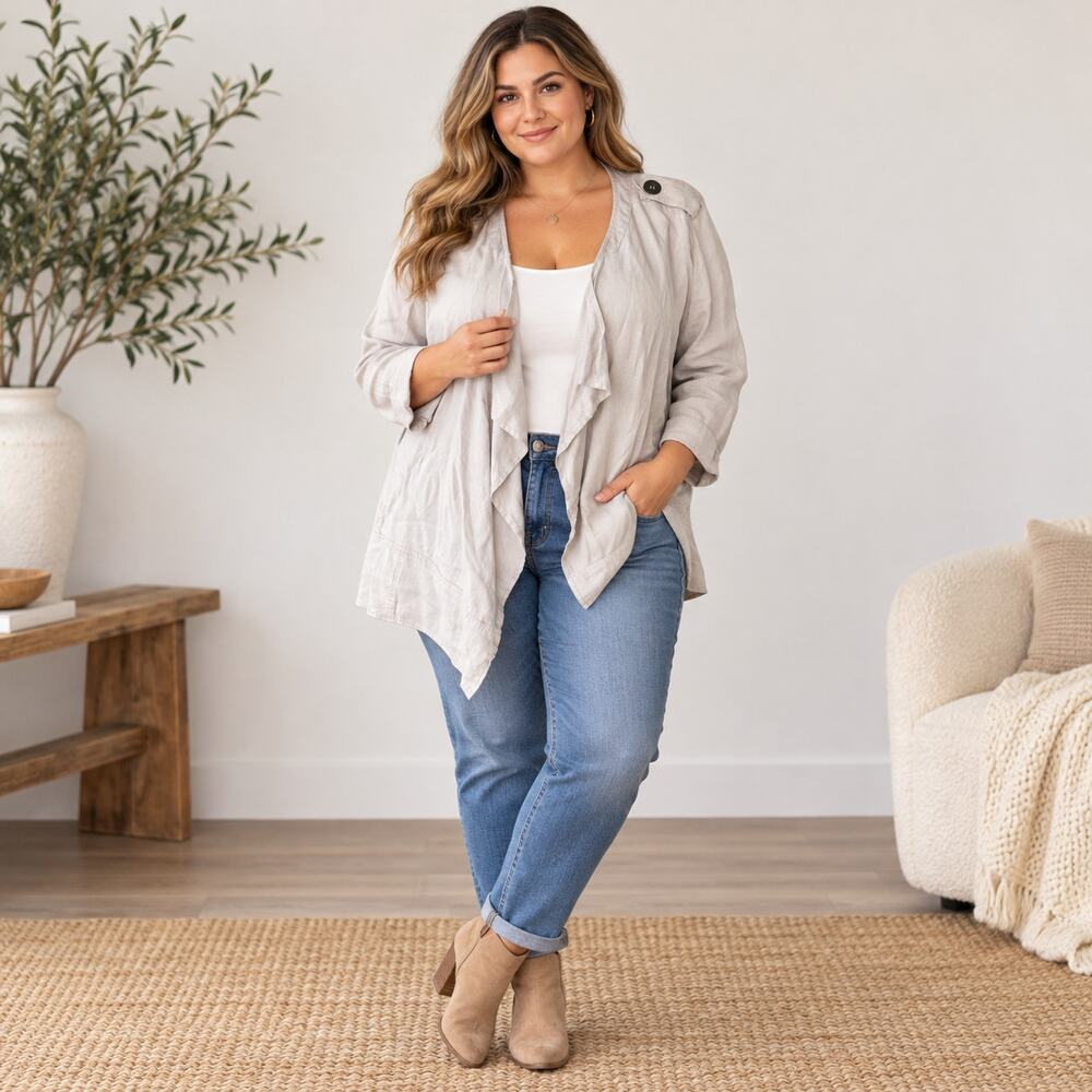 For Cynthia Woman 2X 100% Linen Jacket Ivory Waterfall Open Front Boho Coastal